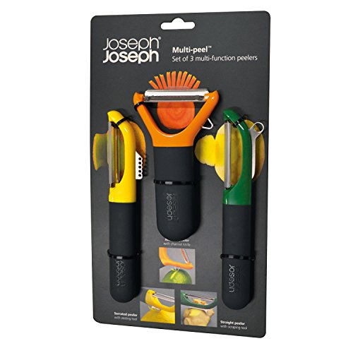 Joseph Joseph Multi-Peel Peeler Set Straight Serrated Julienne Blades Easy Grip Handles Stainless Steel Blade for Kitchen Vegetable Fruit, 3-Piece, Multicolored