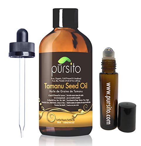 Organic Tamanu Seed Oil and Treatment Roller, Pure Cold Pressed & Unrefined For Skin, Nails, Face, Hair by Pursito 30 ml (1 oz) Foraha Nut Seed Oil, Certified Organic by OneCert