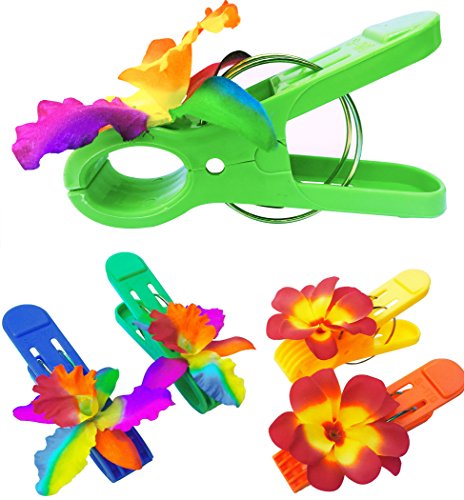 Pf (Set of 4) Beach Towel Tropical Hawaiian Clips Jumbo Size (5 inches) for Beach Chair or Pool Loungers on Your Cruise. (Colorful Orchid/Plumeria)