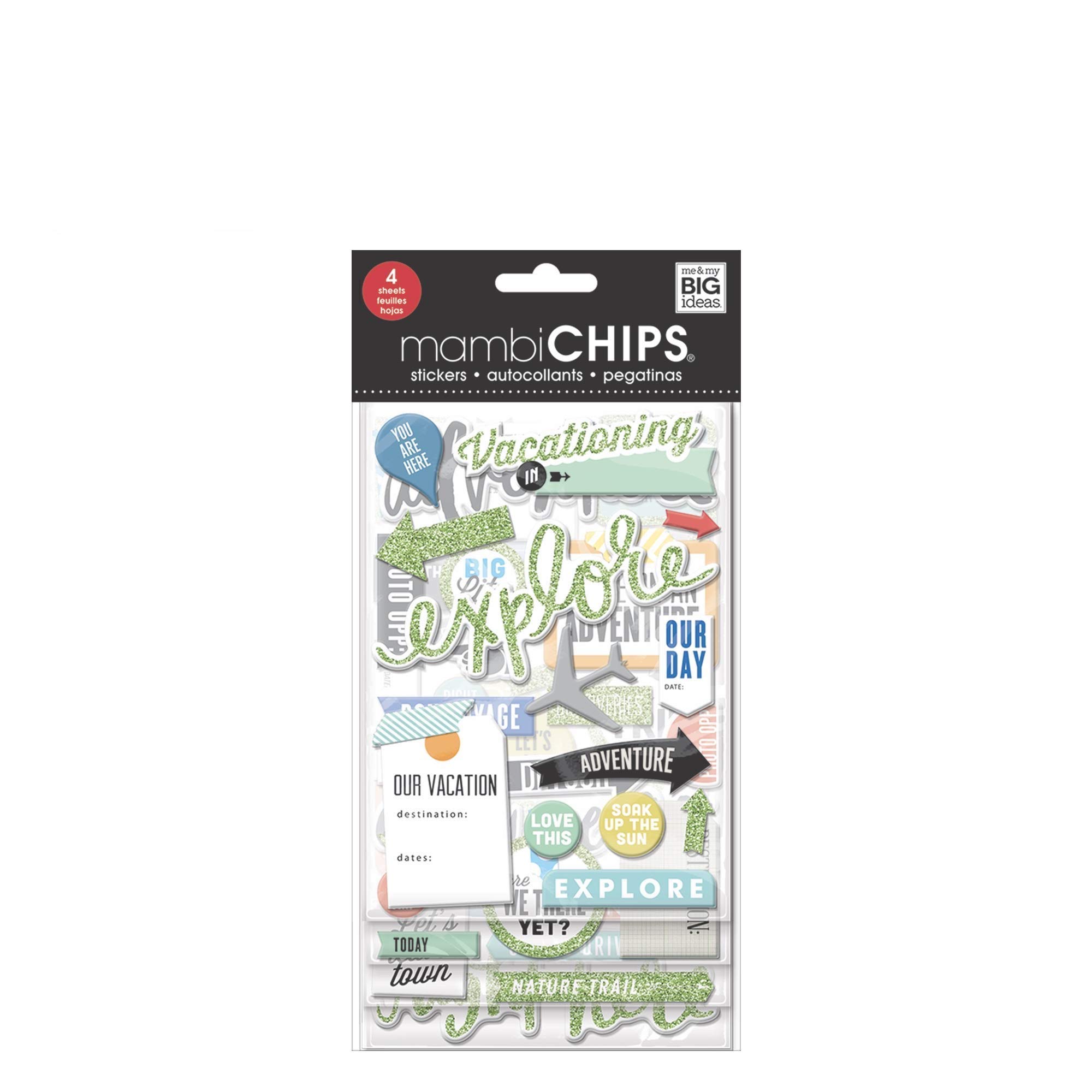 me & my BIG ideas mambiChips Chipboard Stickers - Scrapbooking Supplies - Vacation Theme - Metallic Glitter & Multi-Color - Great for Projects, Scrapbooks & Albums - 4 Sheets, 65 Stickers Total