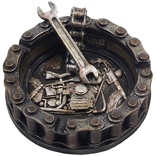 Book Cover Decorative Motorcycle Chain Ashtray with Wrench and Bike Motif Great for a Biker Bar & Harley Mechanics Shop Smoking Room Decor As Unique Father's Day Gifts for Men or Smokers