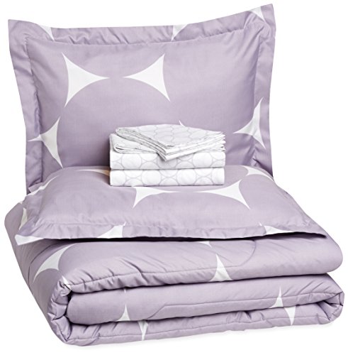 Book Cover AmazonBasics 7-Piece Bed-In-A-Bag Comforter Bedding Set - Full/Queen, Purple Mod Dot, Microfiber, Ultra-Soft