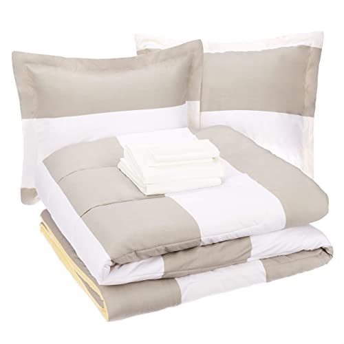 Amazon Basics 7-Piece Lightweight Microfiber Bed-In-A-Bag Comforter Bedding Set - Full/Queen, Reversible Gray Stripe