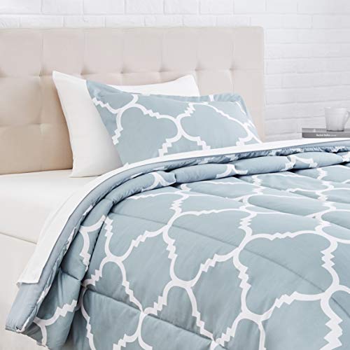 Book Cover Amazon Basics 5-Piece Light-Weight Microfiber Bed-In-A-Bag Comforter Bedding Set - Twin, Dusty Blue Trellis