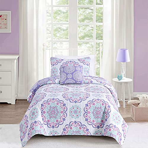 Book Cover Mytex, Vivian 4-Piece Quilt Set Featuring Medallion Pattern, Bohemian Style, Cotton, Reversible Bedding, Teen, Girls, Purple, Aqua, and Pink, Twin
