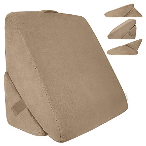 Book Cover Xtra-Comfort Bed Wedge Pillow - Folding Memory Foam Incline Cushion System for Back and Legs - Triangle Shaped for Reading, Support - Washable (Brown)
