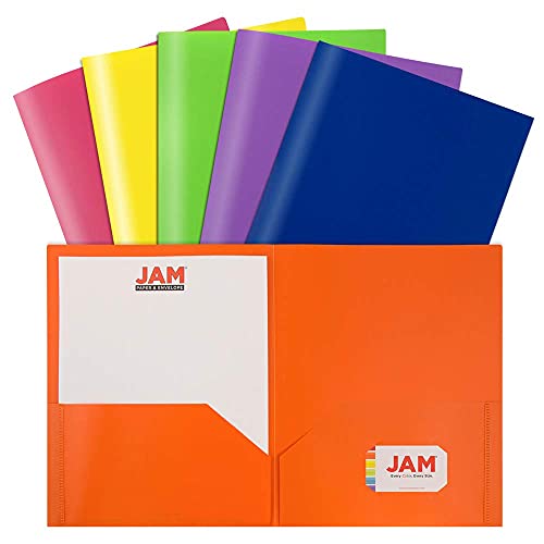 Book Cover JAM PAPER Plastic 2 Pocket POP Folders - Durable School Folders - Assorted Primary Colors - 6/Pack