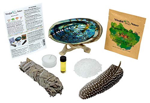 Book Cover WindfallNature Home Cleansing -:- Blessing Starter Set + Abalone Smudging Bowl + Stand + California White Sage Smudge Stick + Smudging Feather + Blessed Anointing Oil + Tea Light Candle + Sacred Salt