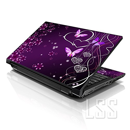 LSS Laptop 17-17.3" Skin with Colorful Purple Heart Butterfly Pattern for HP Dell Lenovo Apple Asus Acer Compaq - Fits 16.5" 17" 17.3" 18.4" 19" (2 Wrist Pads Free)