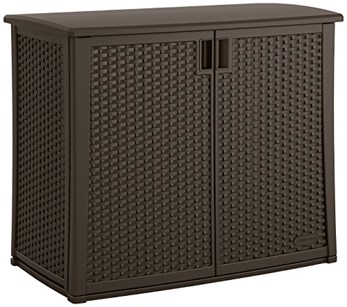 Suncast Elements Outdoor Wide Cabinet - 40" Wide Resin Constructed Patio Furniture Ideal for Decks and Balconies - Contemporary Wicker Design for Outdoor Storage with 97 Gallon Capacity - Brown