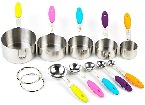 Tosnail Stainless Steel Measuring Cups and Spoons 10 Piece Stackable Set - Measuring Set for Cooking and Baking with Silicone Handle Insert for Grip - Sizes in Cups, Teaspoons, Tablespoons, and Ml - Sturdy Metal Nesting Kitchen Utensils with Cut