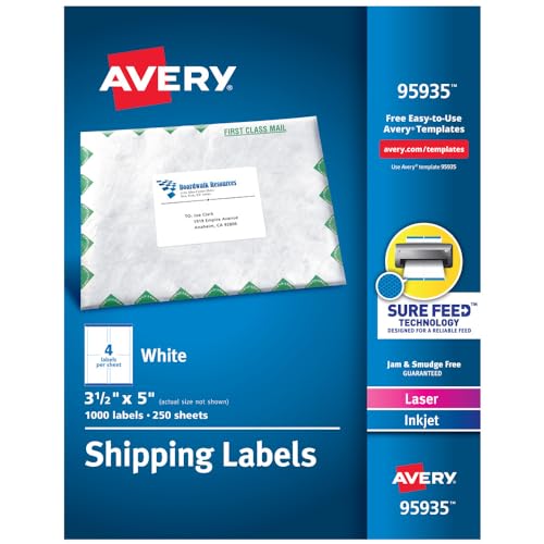 Avery Shipping Address Labels, Laser & Inkjet Printers, 1,000 Labels, 3-1/2 x 5, Permanent Adhesive (95935)
