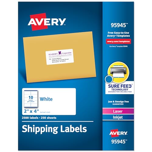 Avery Printable Shipping Labels, Sure Feed Technology, 2" x 4" Customizable Stickers, White, 2,500 Blank Mailing Labels, Great for Mailing, Shipping, and More (95945)