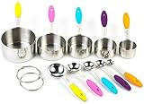 Tosnail Stainless Steel Measuring Cups and Spoons 10 Piece Stackable Set - Measuring Set for Cooking and Baking with Silicone Handle Insert for Grip - Sizes in Cups, Teaspoons, Tablespoons, and Ml - Sturdy Metal Nesting Kitchen Utensils with Cut
