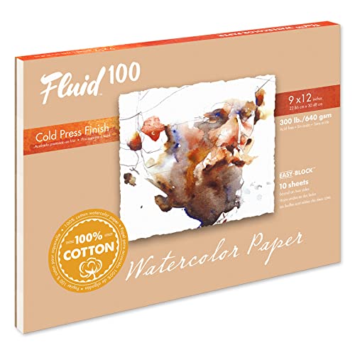Fluid 100 Artist Watercolor Block, 300 lb (640 GSM) 100% Cotton Cold Press Pad for Watercolor Painting and Wet Media w/Easy Block Binding, 9 x 12 inches, 10 Sheets