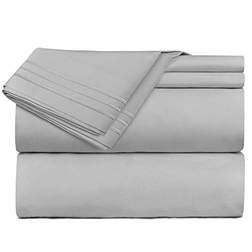 Book Cover Clara Clark Premier 1800 Series 4 Piece Sheet Set Deep Pocket Brushed Microfiber, Wrinkle, Fade & Stain Resistant, Queen Size, Light Silver Gray