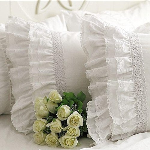 Book Cover One Piece Shabby Vintage White Embroidery Lace Ruffle Matching Pillowcase 1122 (Standard 20
