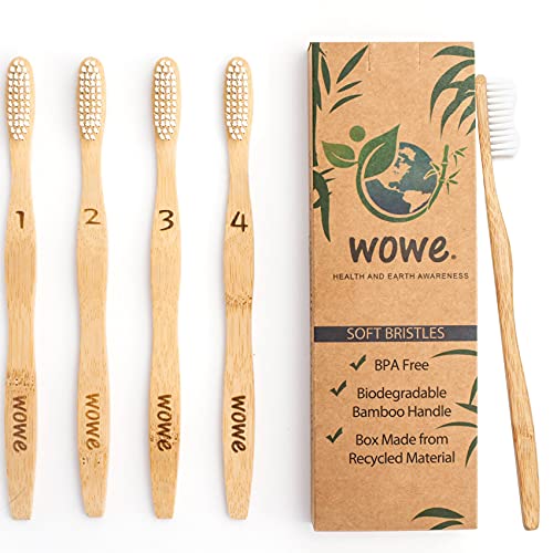 Book Cover Wowe Lifestyle Natural Organic Bamboo Toothbrush Wood, Ergonomic Biodegradable Handle, Soft BPA Free Bristles, Pack of 4
