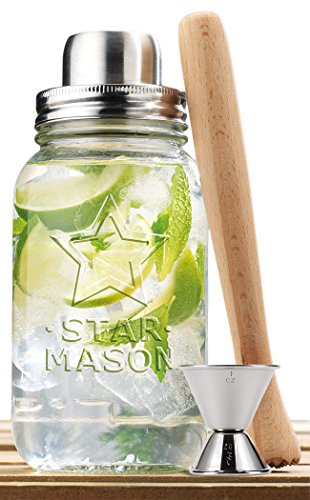 Clear Glass 30-oz Mason Jar and Stainless Steel Cocktail Shaker Set, - Wood Muddler & Stainless Steel Jigger, Home & Party Barware Tool Set