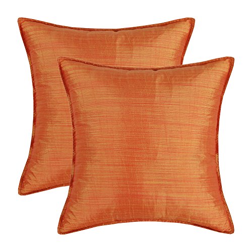 Book Cover CaliTime Pack of 2 Silky Throw Pillow Covers Cases for Couch Sofa Bed Modern Light Weight Dyed Striped 18 X 18 Inches Orange