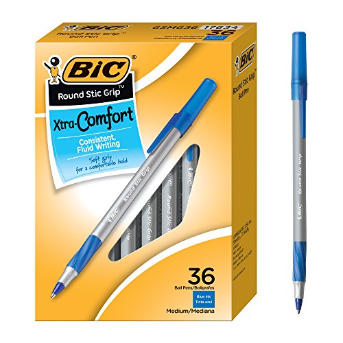 Book Cover BIC Round Stic Grip Xtra Comfort Ballpoint Pen, Blue, 36 Count