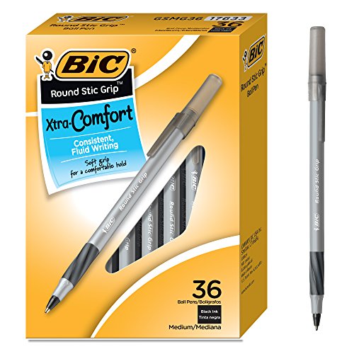 Book Cover BIC Round Stic Grip Xtra Comfort Ballpoint Pen, Medium Point (1.2mm), Black, 36-Count