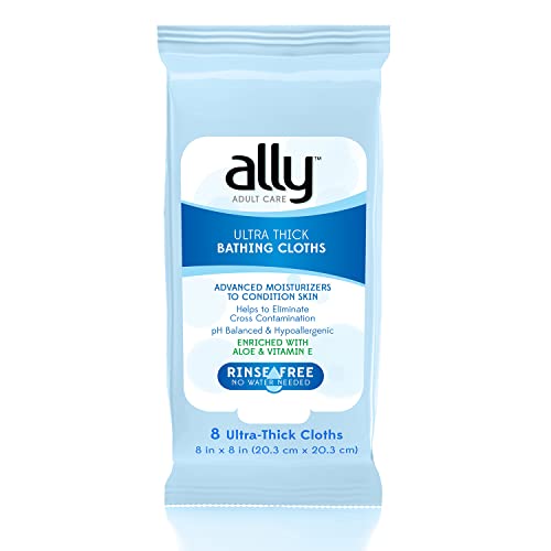 Ally Rinse-Free Ultra-Thick Adult Bathing Cloths, Microwaveable and Hypoallergenic, 96 Count (12 Packs of 8 Wipes)