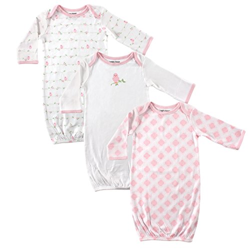 Book Cover Luvable Friends Unisex Baby Cotton Gowns, Pink Bird 3-Pack, 0-6 Months
