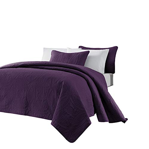 Book Cover Chezmoi Collection Austin 3-Piece Oversized Bedspread Coverlet Set (King, Purple)