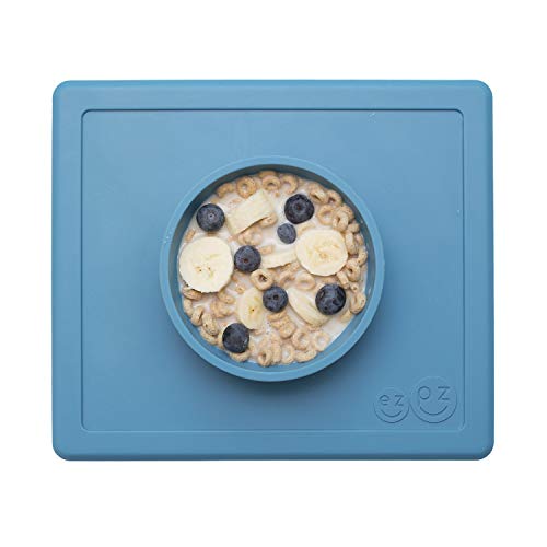 Book Cover ezpz Happy Bowl (Blue) - 100% Silicone Suction Bowl with Built-in Placemat for Toddlers + Preschoolers - Dishwasher Safe