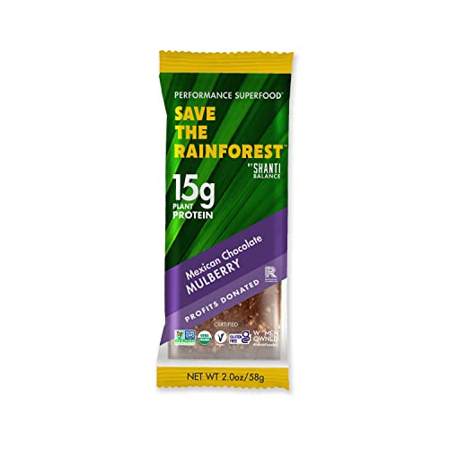 SAVE THE RAINFOREST by SHANTI BALANCE | Mexican Chocolate Mulberry | 15G Plant Protein | Organic Gluten Free Superfood | Gut Health Fiber | Immunity Boosting | Performance Nutrition | 12 Count, 2 oz Bars