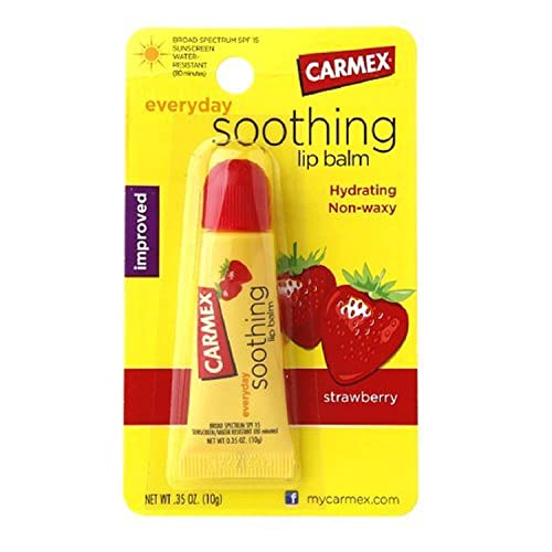 Carmex Strawberry Flavor Everyday Soothing Lip Balm SPF 15, Tube 0.35 oz (Pack of 3)