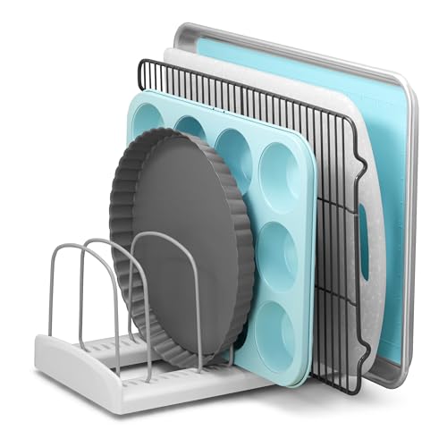 YouCopia StoreMore Bakeware Rack with Tall Steel Wires, Adjustable Pan and Lid Organizer, Classic Edition – White, Alloy Steel & Plastic, 11.5”W x 7.3”D x 6.4”H, Customizable Shelf