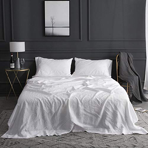 Simple&Opulence 100% Washed Linen Sheet Set-King Size-Natural France Flax Bed Sheet-4 Pcs Breathable,Ultra Soft,Farmhouse Bedding (1 Flat Sheet,1 Fitted Sheet,2 Pillowcases)-Embroidery White