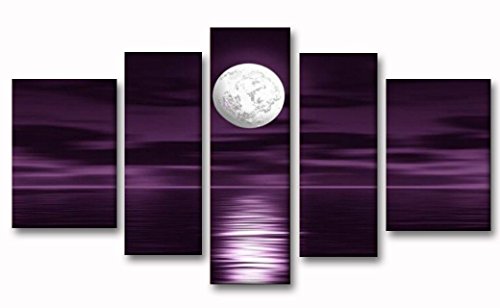Book Cover Unixtyle-100% Hand Painted Oil Painting on Canvas Purple Skyline Sea White Full Moon Night Wood Framed Landscape Wall Art Painting Abstract Home Decoration 5 Pcs/Set