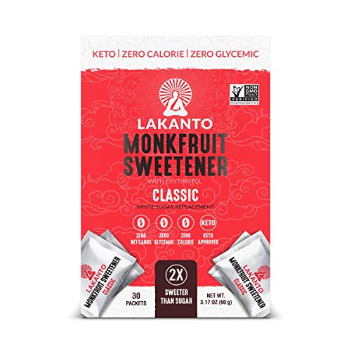 Book Cover Lakanto Classic Monkfruit Sweetener Packets - White Sugar Replacement, Zero Net Carbs, Zero Glycemic, Zero Calorie, Sweeten on the Go, Coffee, Lemonade, Other Drinks, Desserts (Classic, 30 Count)