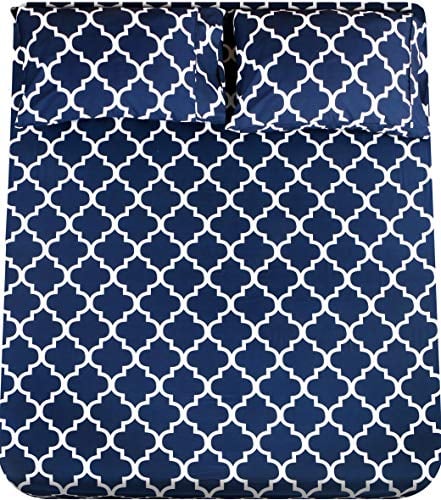 Book Cover Utopia Bedding Printed Queen Sheet Set - 1 Fitted Sheet, 1 Flat Sheet and 2 Pillowcases - Soft Brushed Microfiber Fabric - Shrinkage and Fade Resistant (Queen, Navy Quatrefoil with White Pattern)
