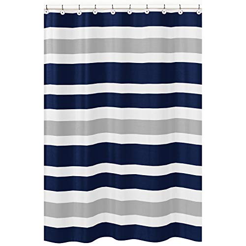 Book Cover Sweet Jojo Designs Navy Blue, Gray and White Kids Bathroom Fabric Bath Teen Stripe Shower Curtain