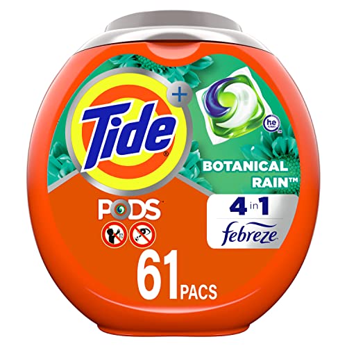 Book Cover Tide PODS Laundry Detergent Liquid Pacs, Botanical Rain Scent, 4 in 1 HE Turbo, 61 Count (Packaging May Vary)
