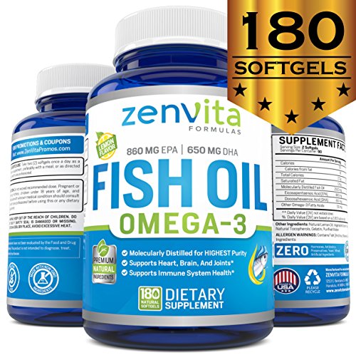 Omega 3 Fish Oil Capsules - 180 Softgels, 1640mg Omega 3, 860mg EPA, 650mg DHA, Non-GMO & Gluten Free, Lemon Flavored - NO Fishy Aftertaste, Pharmaceutical Grade, Molecularly Distilled & Mercury Free