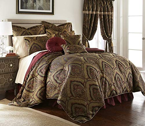 Book Cover Chezmoi Collection Seville 9-piece Jacquard Black Gold Maroon Red Medallion Paisley Oversized Comforter Set, California King 110