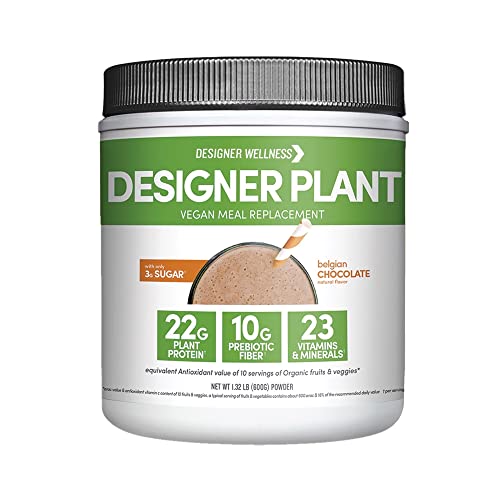 Designer Wellness, Designer Plant Meal Replacement, Pea Protein and Organic Sprouted Rice Protein Powder with Vitamins, Minerals, Healthy Fats, and Antioxidants, Begium Chocolate, 1.32 Pounds