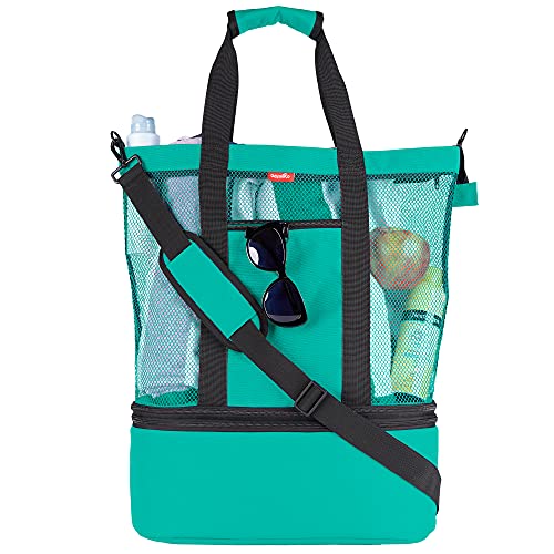 Odyseaco Aruba Mesh Beach Tote Bag with Zipper Top and Insulated Picnic Cooler (Turquoise)