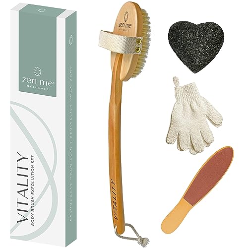 Zen Me Dry Brush Set â€“ Premium Body Exfoliator Brush, Exfoliating Gloves, Pumice Stone for Feet & Konjac Sponge for Face, Boar Bristle Body Brush for Showering, Bath Brush, Natural Skin Scrubber Tools