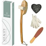 Dry Brushing Body Brush Set by Zen Me - Natural Exfoliation Kit with Premium Boar Bristle Brush, Shower Gloves, Konjac Facial Sponge & Foot File - for Lymphatic Drainage - Great Gift Set