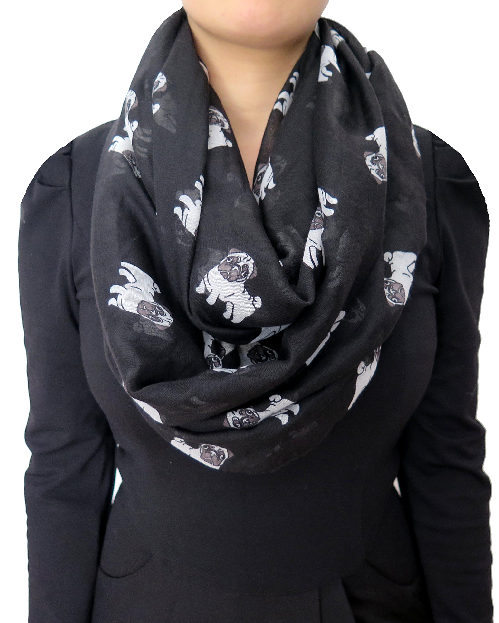Lina & Lily Cute Pug Dog Print Women's Infinity Scarf Lightweight, Gift for Dog Lover (Large Size)