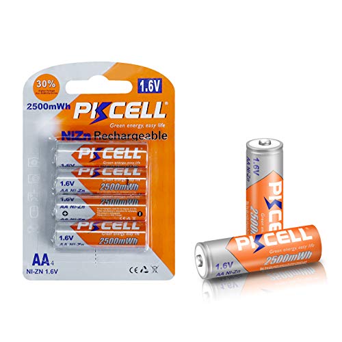 PKCELL 4Count AA Rechargeable Battery Nickel-Zinc 1.6V 2500mWh Battery for Thermometer Cameras Power