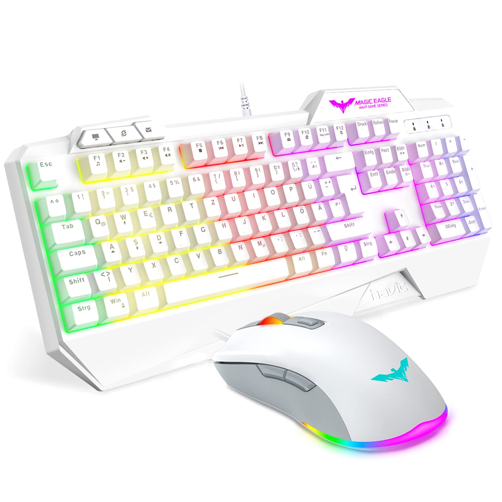 Book Cover havit Keyboard Rainbow Backlit Wired Gaming Keyboard Mouse Combo, LED 104 Keys USB Ergonomic Wrist Rest Keyboard, 4800 DPI Mouse for PC Gamer (White)