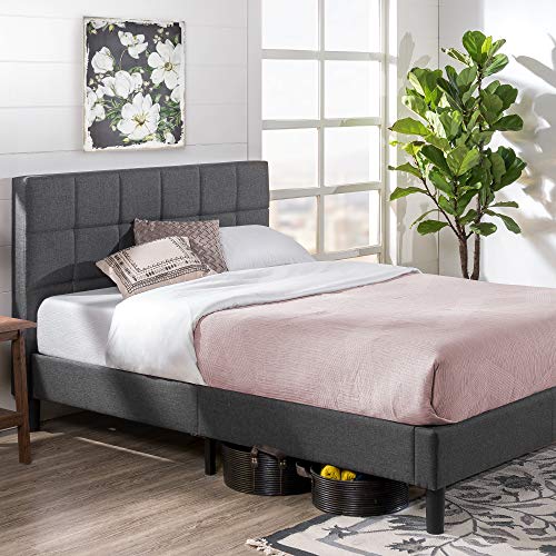 Book Cover Zinus Lottie Upholstered Square Stitched Platform Bed / Mattress Foundation / Easy Assembly / Strong Wood Slat Support, Queen