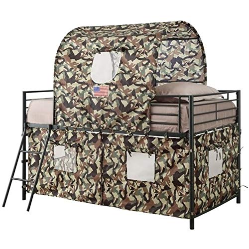 Book Cover Coaster Furniture Kids Twin Size Loft Bed Camouflage Tent Metal Frame Guardrails Ladder Army Green Fabric 460331